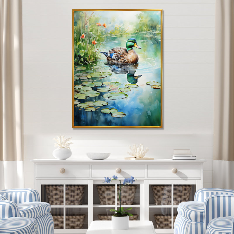 Duck Pond Reflections IV - Duck Animal, art mural, Cadre flottant doré, H 20 po x l 12 po x P 1 po