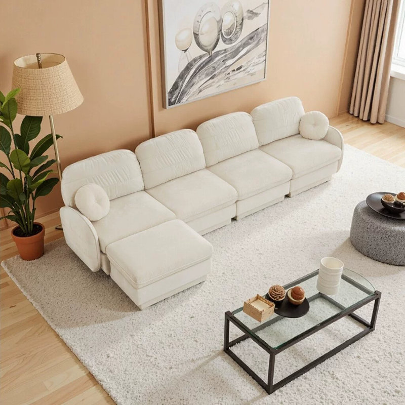 Canapé modulaire en L surdimensionné en chenille de 137 po Rumley avec repose-pieds mobile, coussins de dossier matelassés et coussins ronds Rumley