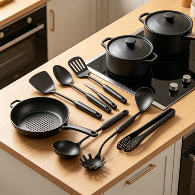 304 Stainless Steel Matte Kitchen Utensils Set, 11-Piece Long Metal Cooking Tools with Solid Turner, Slotted Spoon, Ladle, Skimmer, Pasta Server, Tongs, Dishwasher Safe