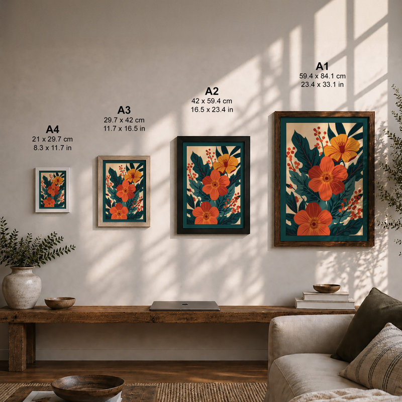 Orange Blooms & Teal Art Deco - Framed Print, A4 - 29.7 x 21.0 cm, Black