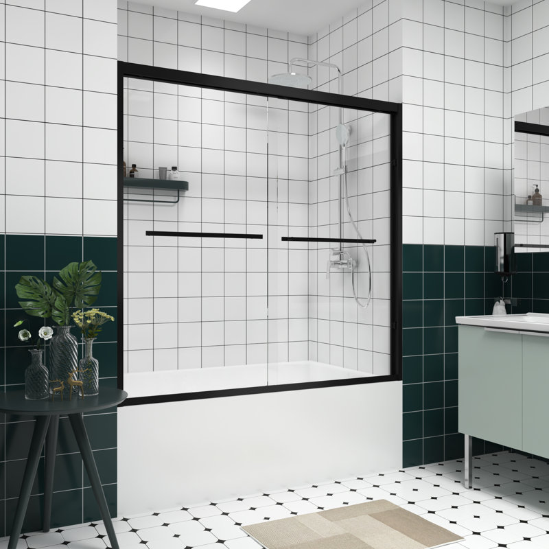 Frame Double Sliding Bathtub Screen, 1/4"  6Mm  Tempered Glass, Black Hardware, Handle Design, Easy Setup Bathroom Door  With Thickened Frame, Stainless Steel Handle,