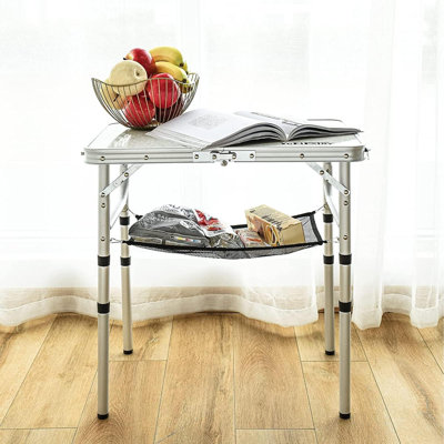 Table pliante 2 pieds, table de camping portable avec supports en filet, aluminium léger réglable, avec poignée de transport pour le pique-nique intérieur et extérieur
