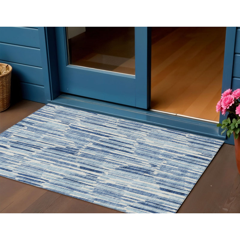 HomeRoots 3' X 5' Navy Blue And Sky Blue Abstract Washable Indoor Outdoor Area Rug