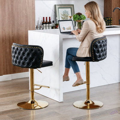 Meubles, tabourets de bar pivotants à hauteur de siège réglable, tabourets de bar rembourrés en polyuréthane moderne avec dossier entièrement capitonné, pour pub à domicile et îlot de cuisine (ensemble de 2)