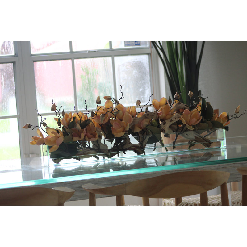 Magnolia Faux Floral Arrangement in Planter, Peach, 10" H x 24" W x 7" D