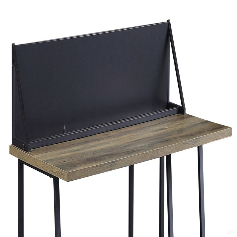 Bureau d'écriture rustique en chêne et noir à 2 tablettes avec base en forme de H