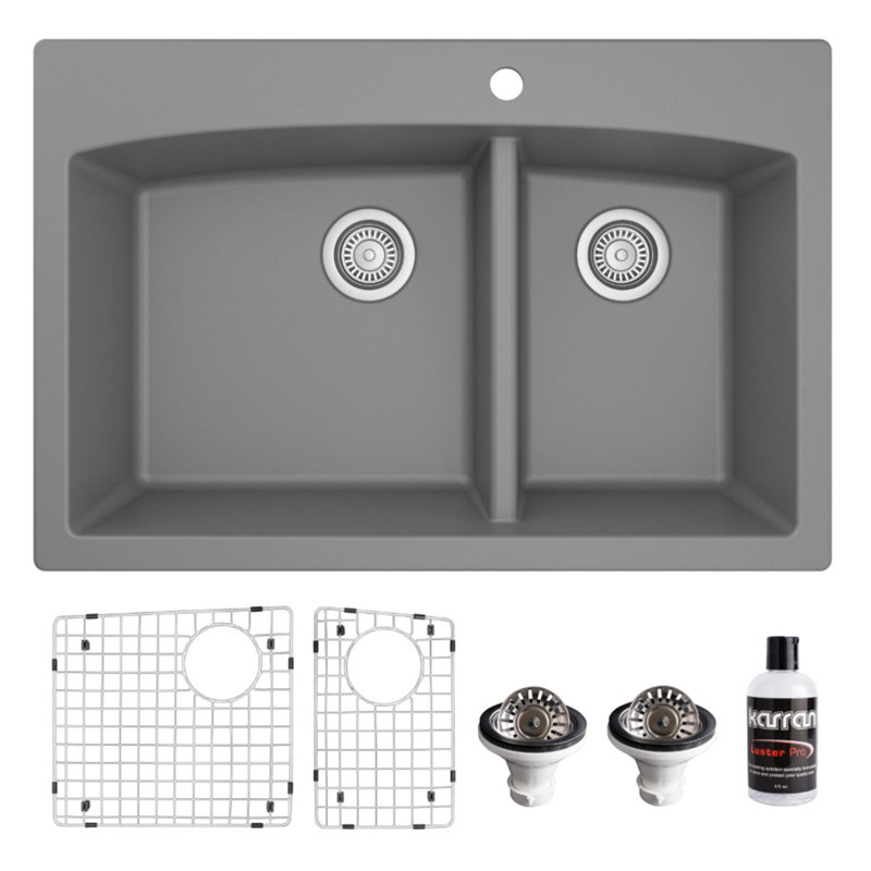 Karran Quartz 33'' X 22'' Double Bowl 60/40 Top Mount Drop-in Kitchen Sink Kit, Gray