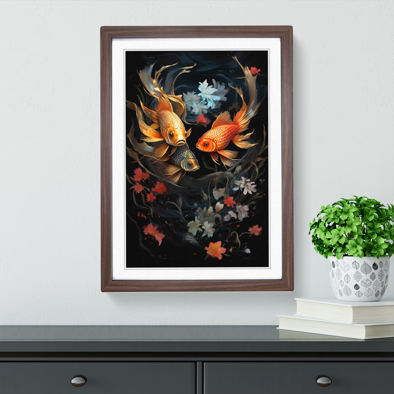 Pisces Fish Zodiac Classicism No.2 - Single Picture Frame Print on Wood, 46cm H x 34cm W x 2cm D, Walnut Framed