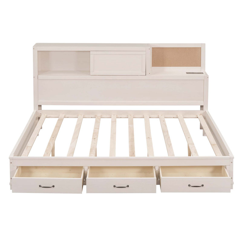 Lit de jour en bois pleine grandeur avec 3 tiroirs de rangement, tablette souple supérieure, tablette et ensemble de prises et ports USB