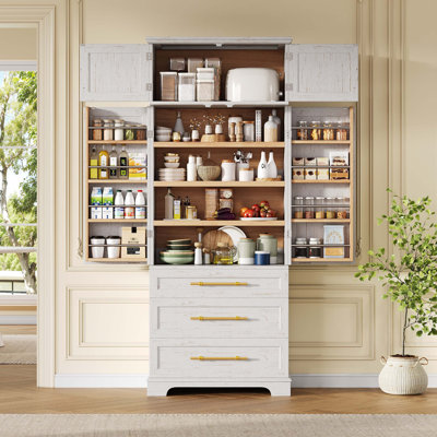 K&K - Armoire de cuisine de style campagnard haut de 78,2 po avec 8 tablettes de porte, armoire de rangement avec 3 tablettes réglables, 3 grands tiroirs, armoire polyvalente pour la cuisine, la salle à manger et la salle de bain, blanc rétro