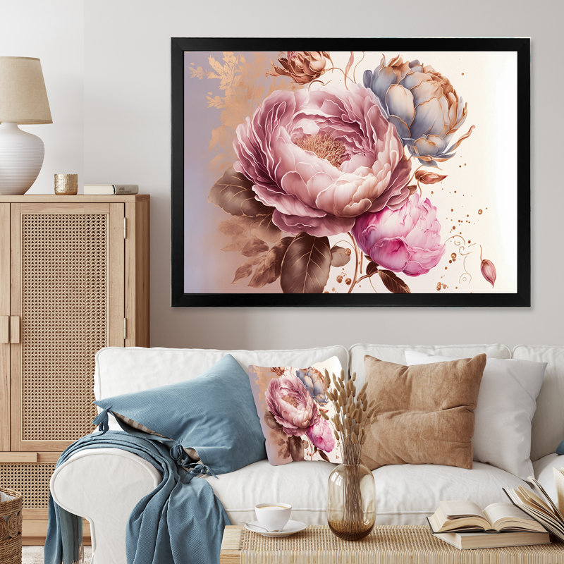 «Pink and Gold Rose I», reproduction sur toile, Cadre photo noir, H 12 po x l 20 po x P 1 po