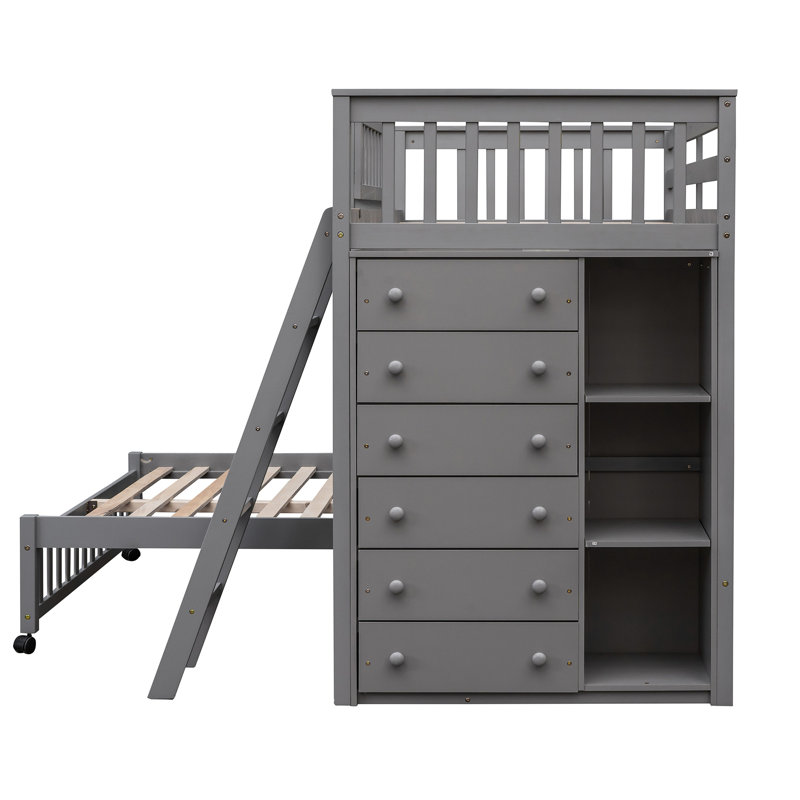 Lit superposé gris en bois gris avec six tiroirs, des options de tablettes et un cadre inférieur complet simple avec rangement pour tiroir