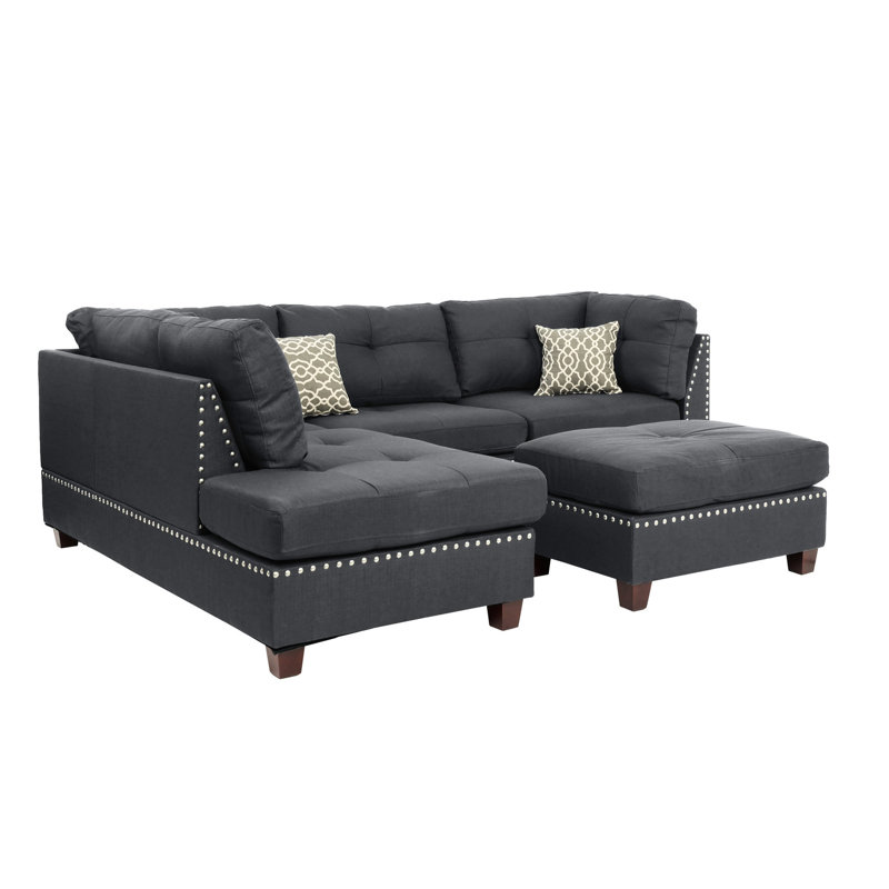 Canapé modulaire 3 en L bleu gris avec méridienne réversible en forme de L 4, apparence moderne, assise ferme, dossier coussiné, structure en bois, intérieur en tissu de polyfibre - moelleux et dossier pour le salon