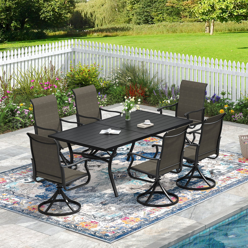 Ensemble repas d'extérieur rectangulaire pour 6 personnes avec chaise pivotante, Noir / brun