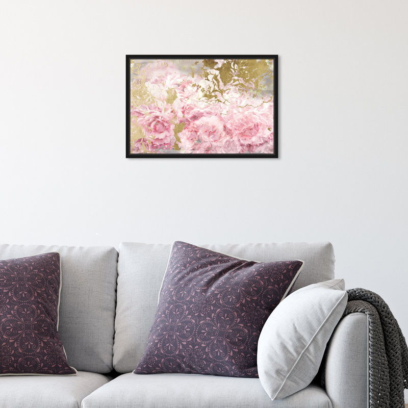Floral et fleurs de camélias roses et dorées - impression, H 20 po x l 30 po, Cadre noir