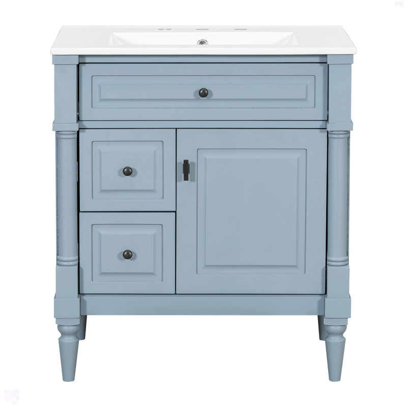 Meuble-lavabo de 30 po avec lavabo, armoire de salle de bain autoportante gris-bleu avec tiroir rabattable et tablette réglable, structure en bois d'hévéa massif, panneaux de fibres à densité moyenne et poignées en métal