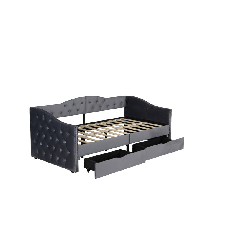 Lit de jour simple avec revêtement et rangement en velours gris - pas de sommier tapissier, lattes stables à structure en bois revêtues de tiroirs Lit simple, ressorts, lignes élégantes