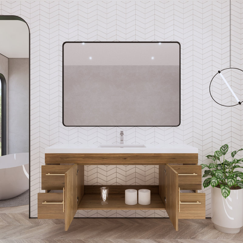Berner 59" Wall-Mounted Single Bathroom Vanity Set, Natural Oak