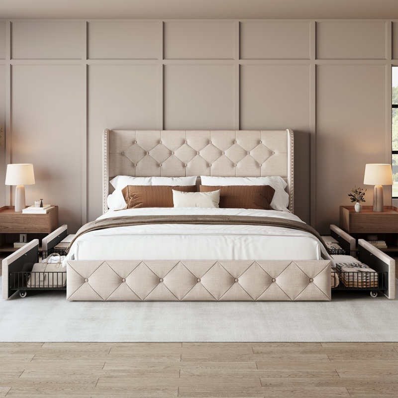 Queen Upholstered Platform Bed with Storage Drawers, Tufted Bed Frame with Wingback&Headboard, Beige, Beige, Queen