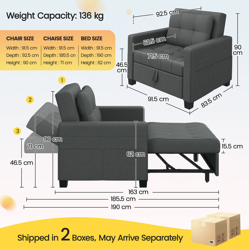 3-in-1 Convertible Sleeper Accent Chair Bed with Adjustable Backrest & Back Pillow, Dark Grey