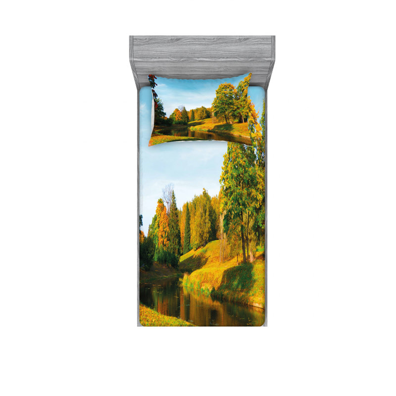 Ensemble de draps en bois naturel avec arbres et river de décor, Ensemble de draps pour lit simple avec drap-housse