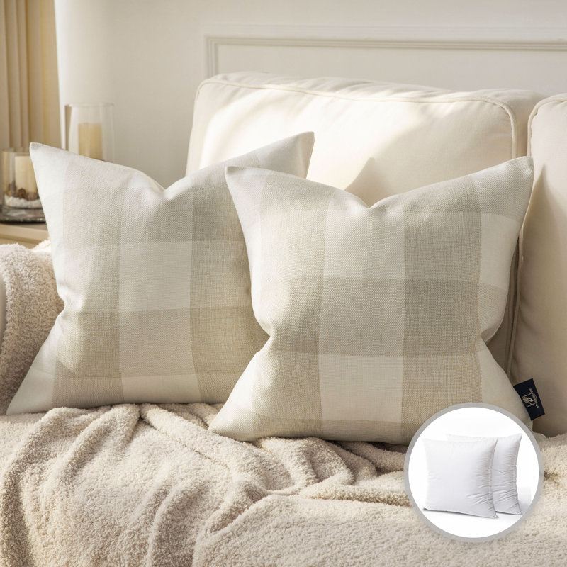 Off-White Beige Checkered Cotton Blend Throw Pillow Set
