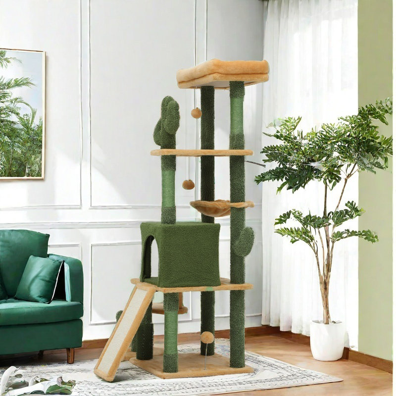 ?60In Cactus Cat Tree, Multi-Level Tall Cat Tower For Indoor Cats, Large Cat Condo For 2-3 Cats