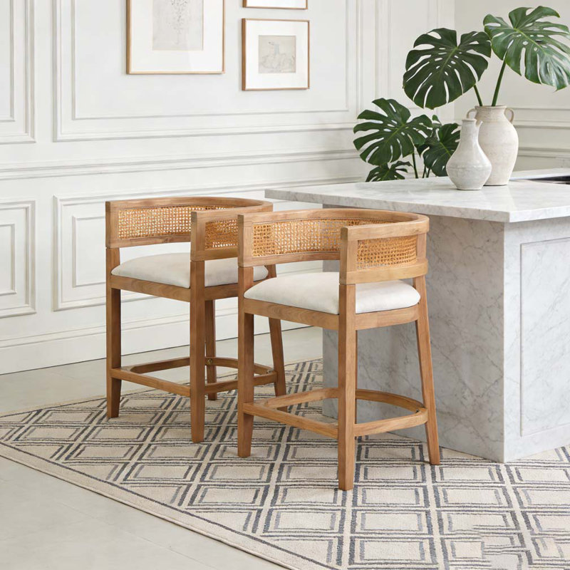 Wood And Rattan Upholstered Arm Counter Stools, Beige,Natural,Oak