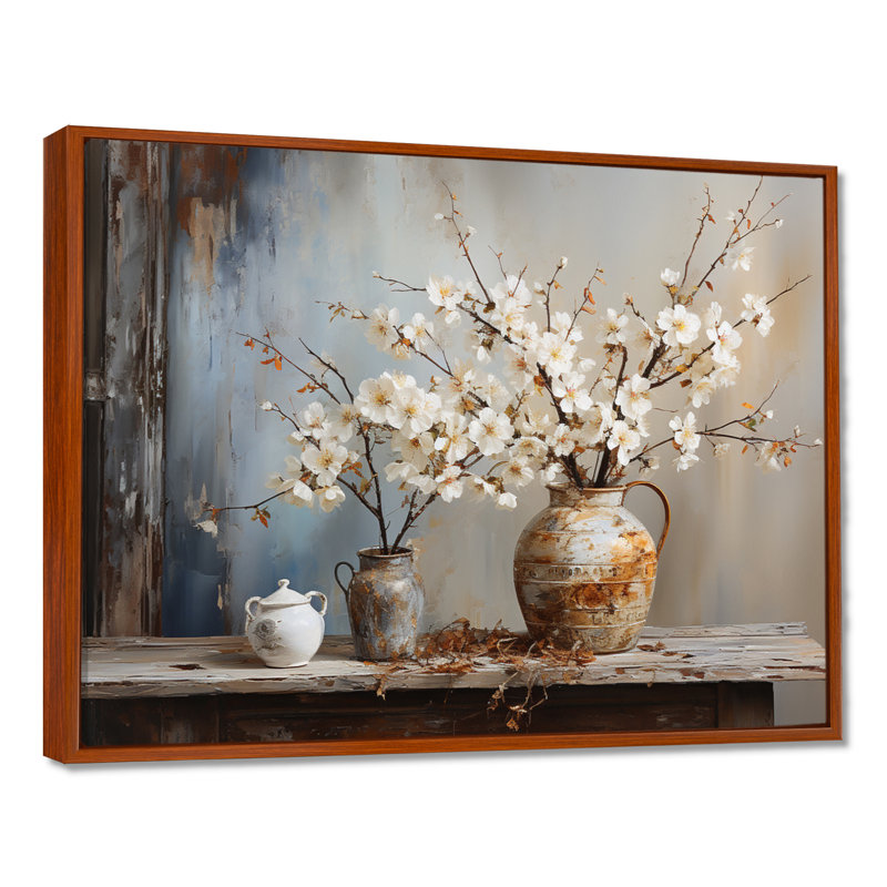 Art mural, poterie et fleurs, H 12 po x l 20 po x P 1 po, Cadre flottant brun