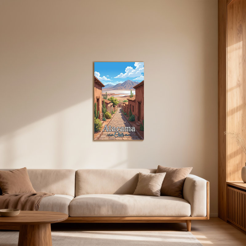 Paysage pittoresque et urbain avec des cactus et des montagnes, H 36 po x l 24 po