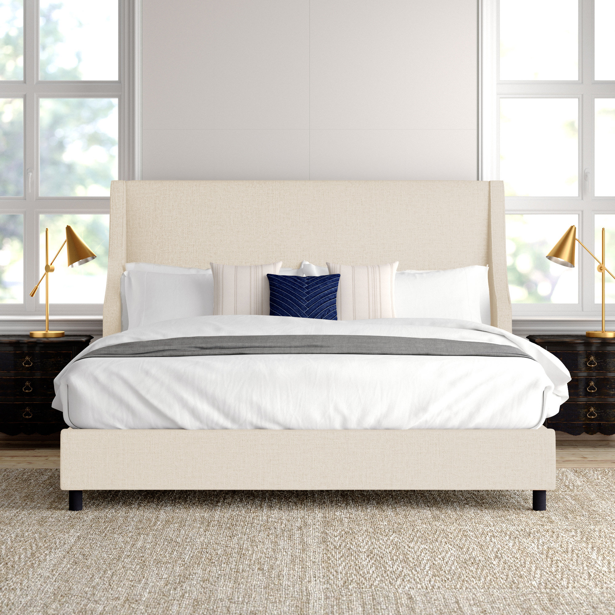 Bernadine Upholstered Wingback Bed, King, Classic Talc Linen