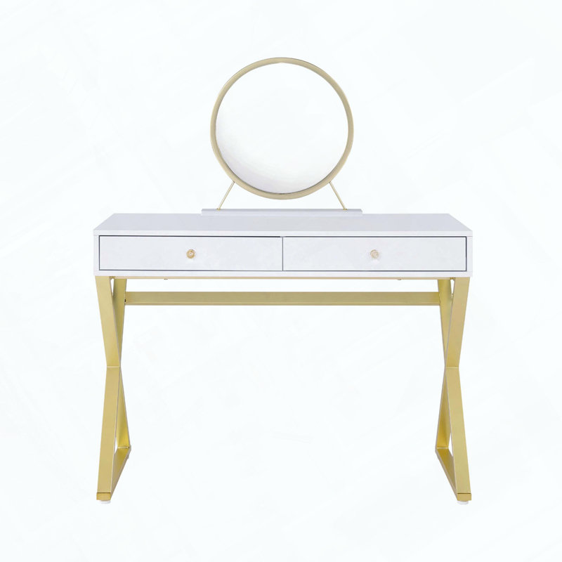 Bureau de coiffeuse rectangulaire avec miroir et plateau à bijoux, blanc et doré
