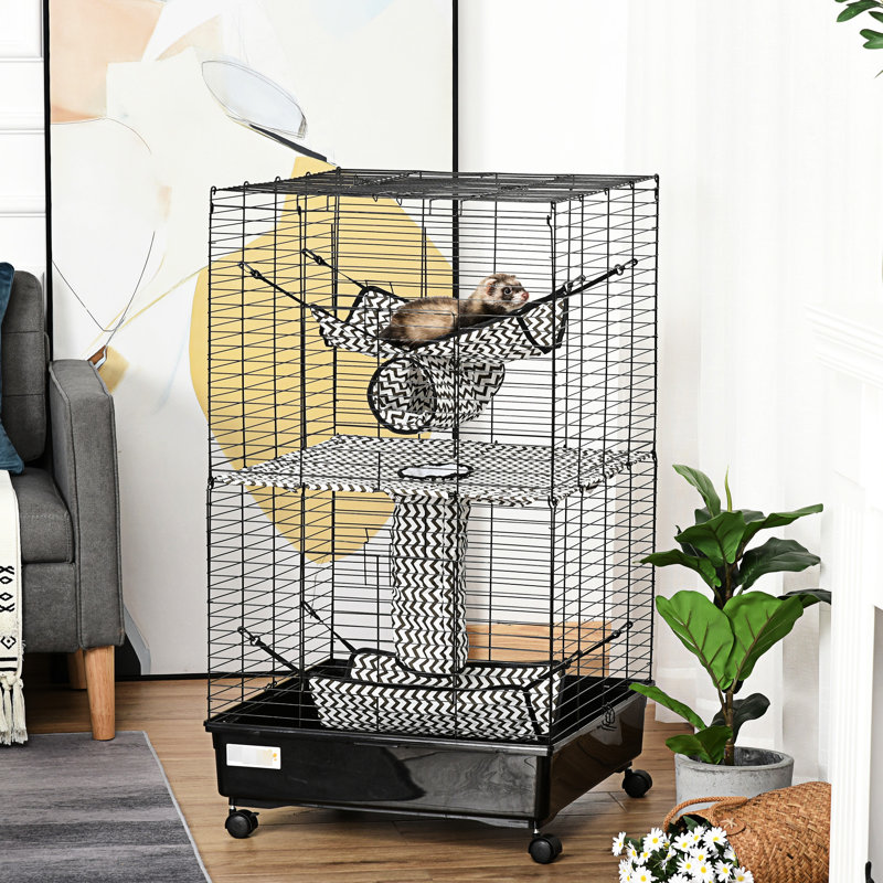 Petite cage de 42 po pour animaux, noire - équipée de roues, de freins et de plusieurs plateformes pour les soins de la cage d'amusement et de bonheur