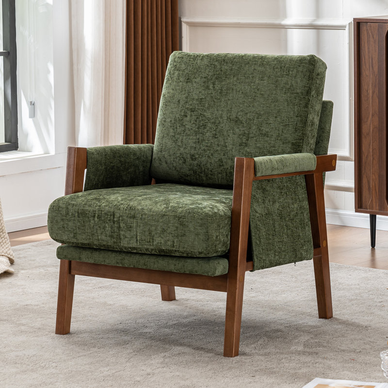 Quinze Mid Century Modern Upholstered Chenille Solid Wood Accent Armchair, Green