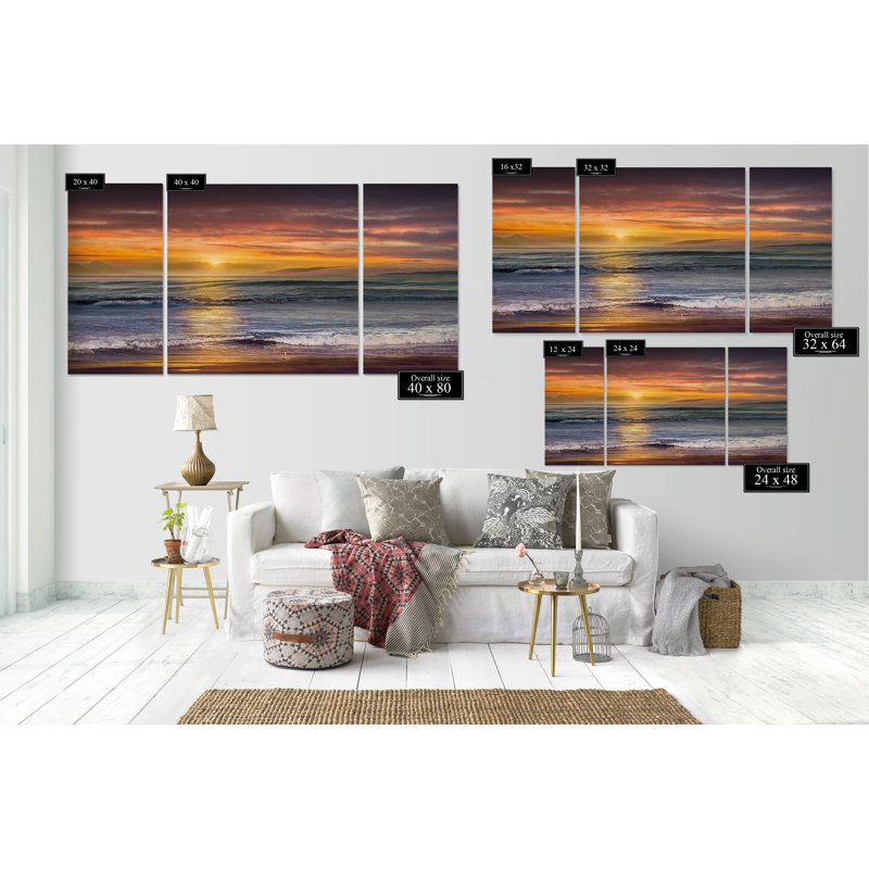 Sundown Descanso Beach - 3 pièces, reproduction sur toile, H 24 po x l 48 po x P 1,5 po