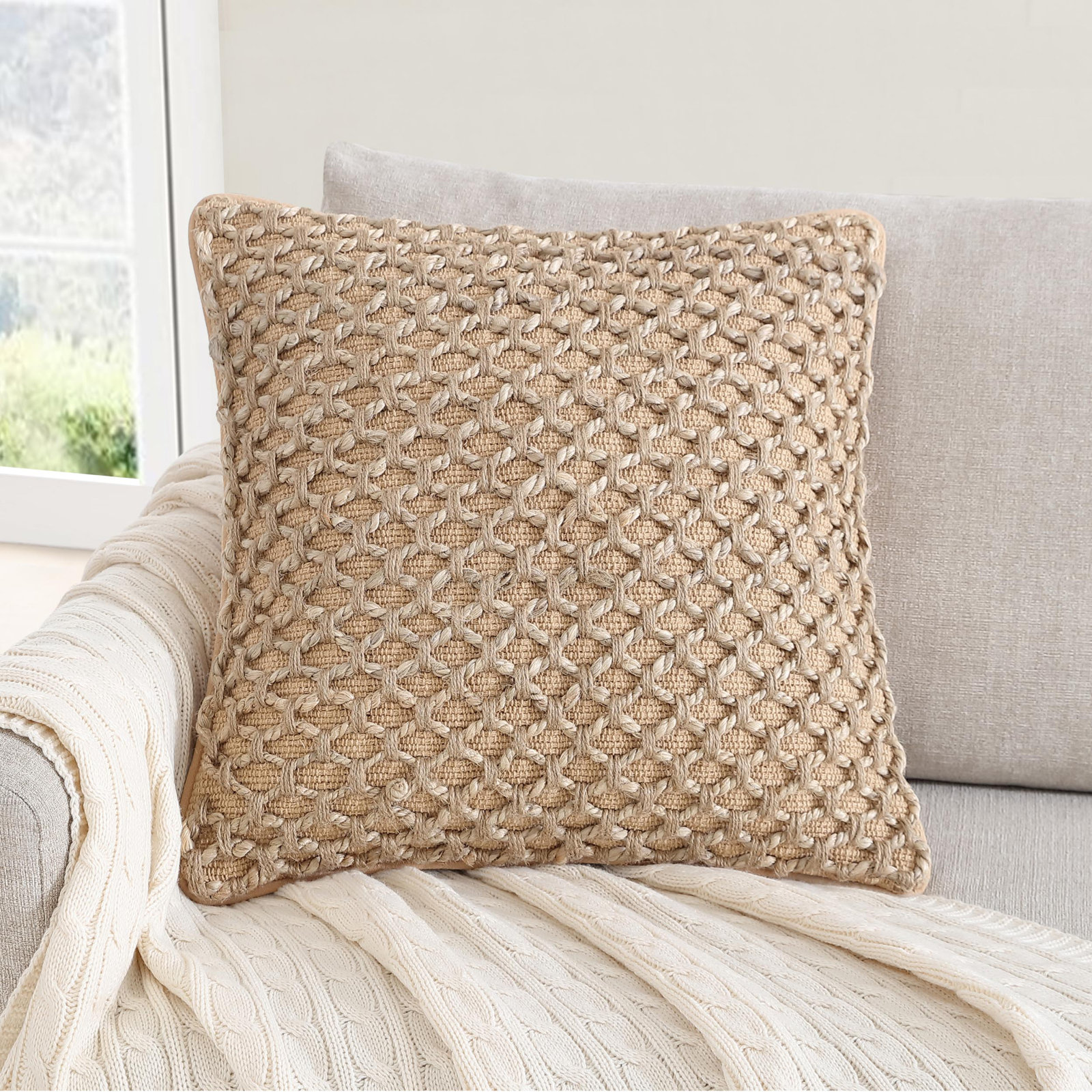 Ablo Textured Cotton Throw Pillow, Square 20", Beige/Natural