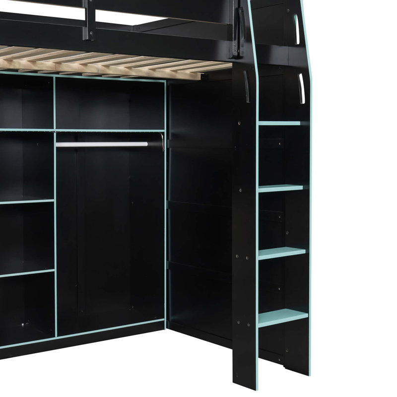 Lit mezzanine double en bois avec bureau, garde-robe ouverte et éclairage RVB réglable, Bleu