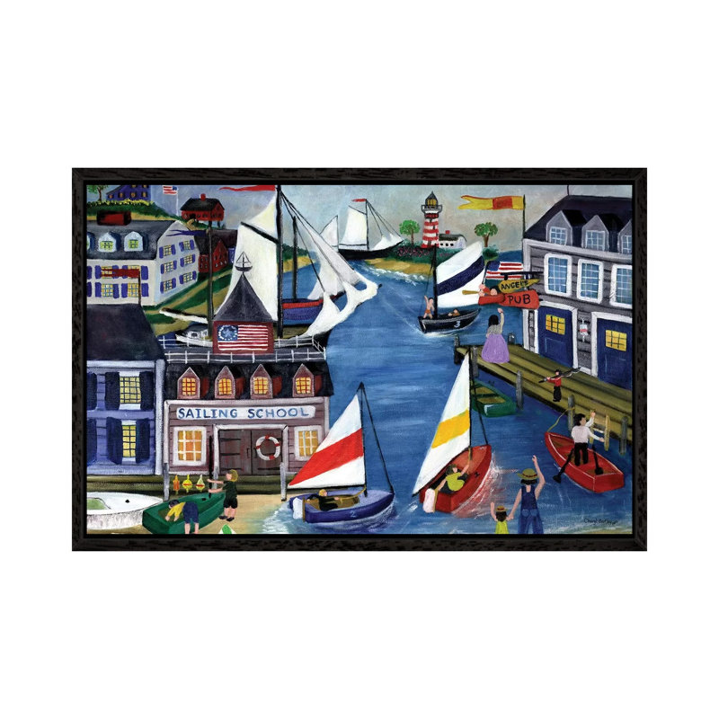 Sailing School Folk Art by Cheryl Bartley - Painting on Canvas, Black Framed, 45.72cm H x 66.04cm W x 3.81cm D