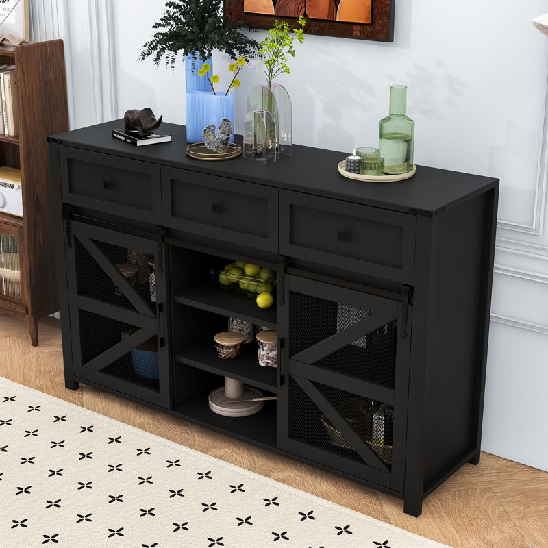 Modern Industrial Buffet Cabinet with Sliding Barn Doors, Adjustable Shelves, Black