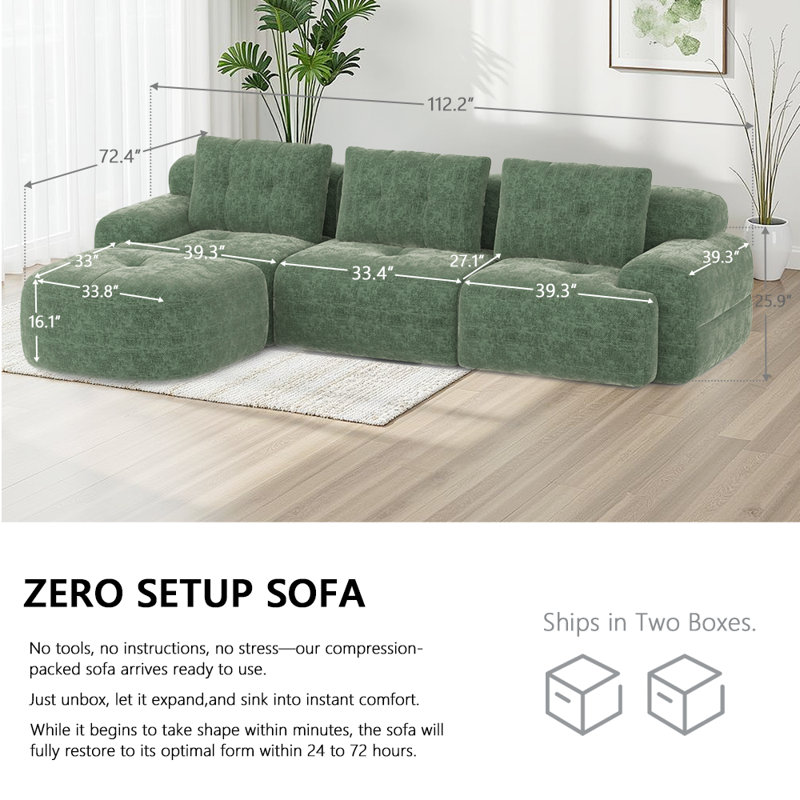 Oversized 112'' Modular Sectional Sofa with Chaise, Full Foam Structure for Comfort, Woven Texture Upholstery, Modern Living Room Couch, Compression Packaging Design, Sage