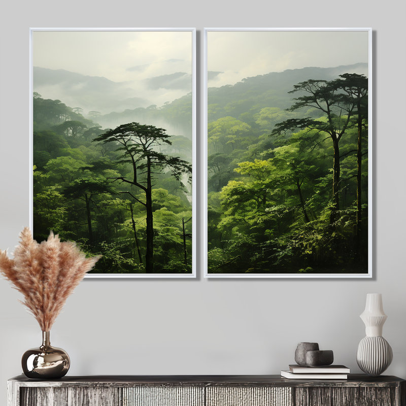 Forêt tropicale, paysage de jungle 1 - art mural tropical coloré 2 pièces, 36" H x 48" W, Impression encadrée flottante