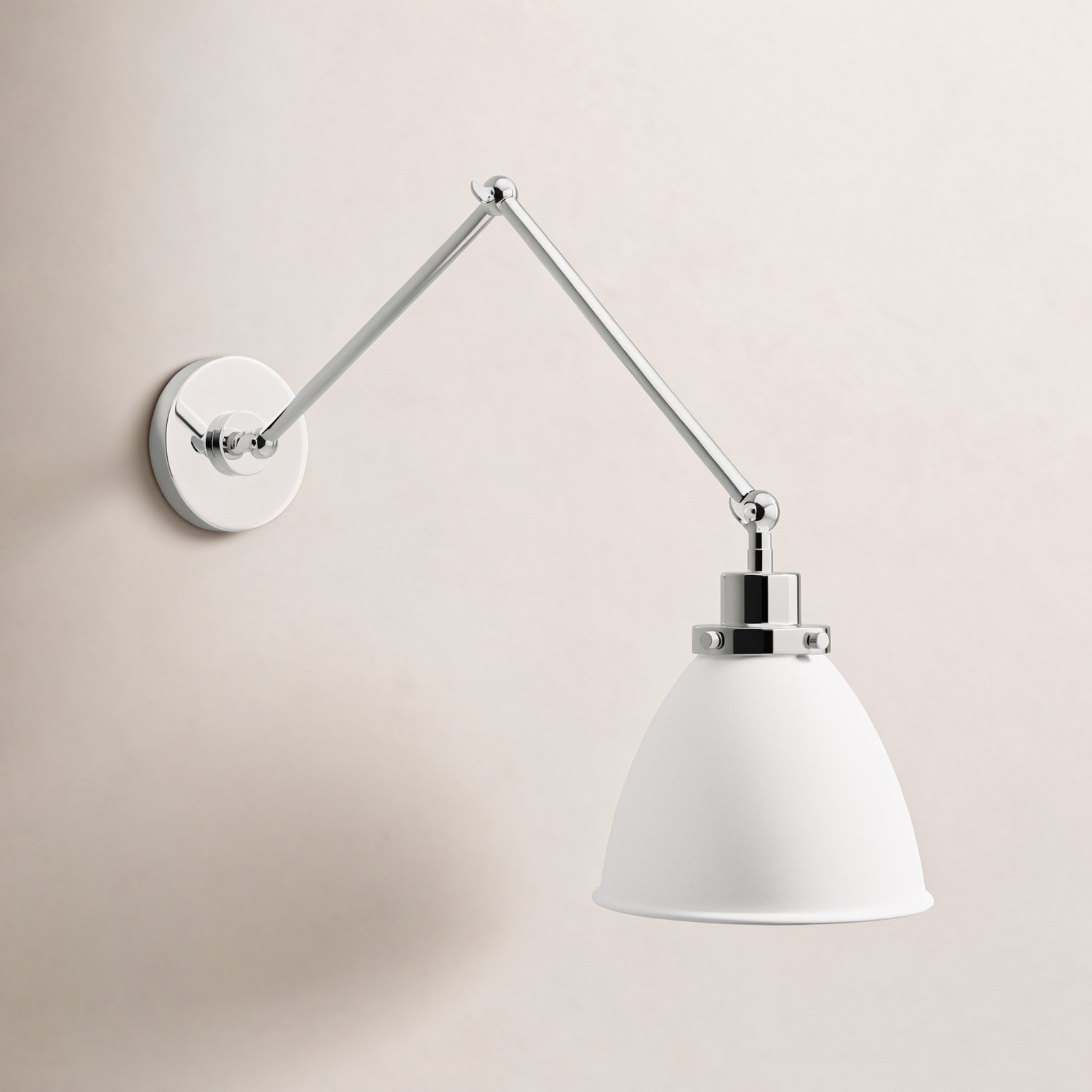 Single Light Dimmable Armed Sconce, Polished Nickel, Matte White