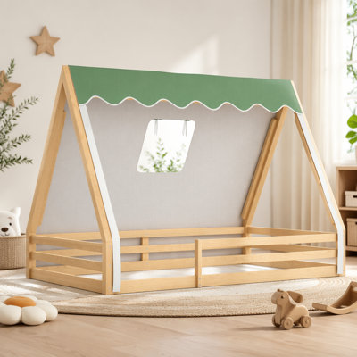 Lit double pleine grandeur avec tente et lit léger, lit tipi en bois massif avec garde-corps pleine longueur, conception d'inspiration Montessori, naturel et vert