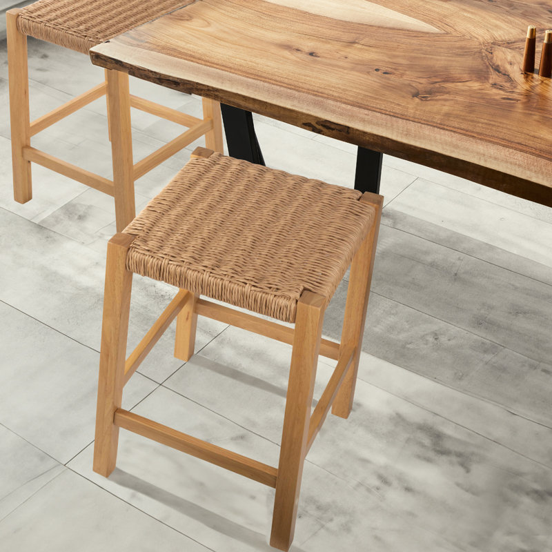Alaterre Furniture Newport Collection Bar Stool with Handcrafted Woven Rope Seat - 24-Inch Counter Height Stool for Kitchen, Bar, or Dining Room - Wood Barstools (Natural)