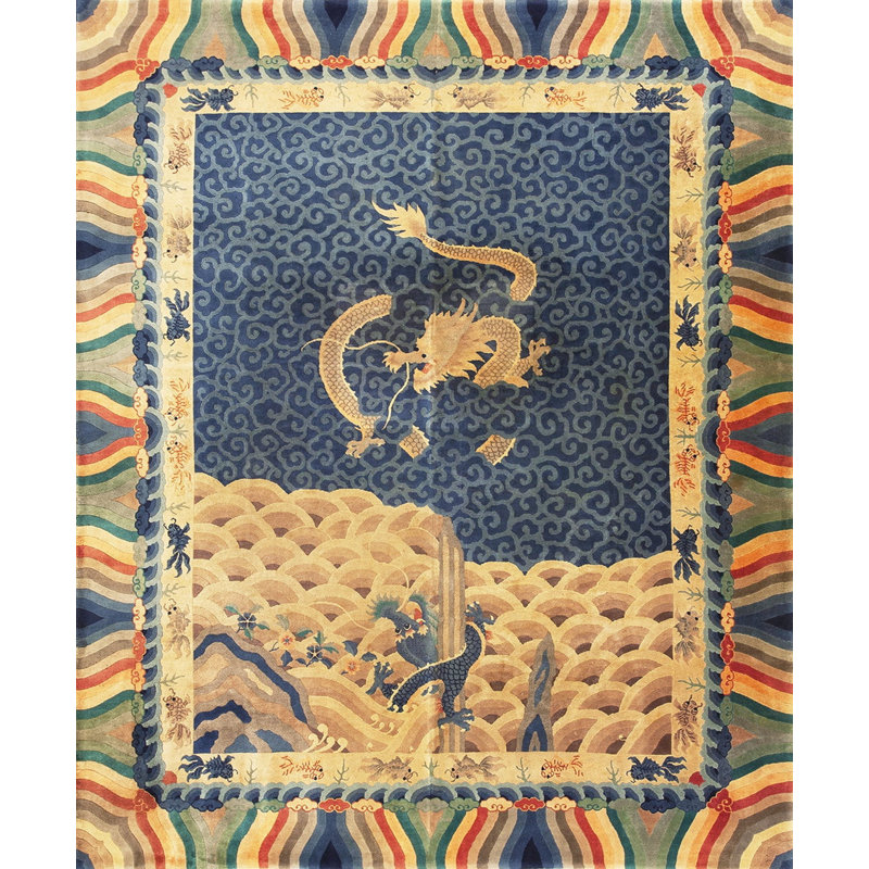 Tapis bleu antique multicolore en laine Art déco