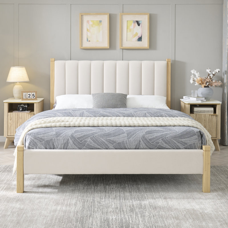 Lit tapissier scandinave capitonné avec cadre en bois massif, grand, lin beige, Beige, Grand