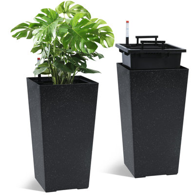 22.5" Tall  Set of 2. Outdoor&Indoor Black  Pots. High Front Porch  Pots With Drainage Holes&Water Level &Inner . Automatic Watering