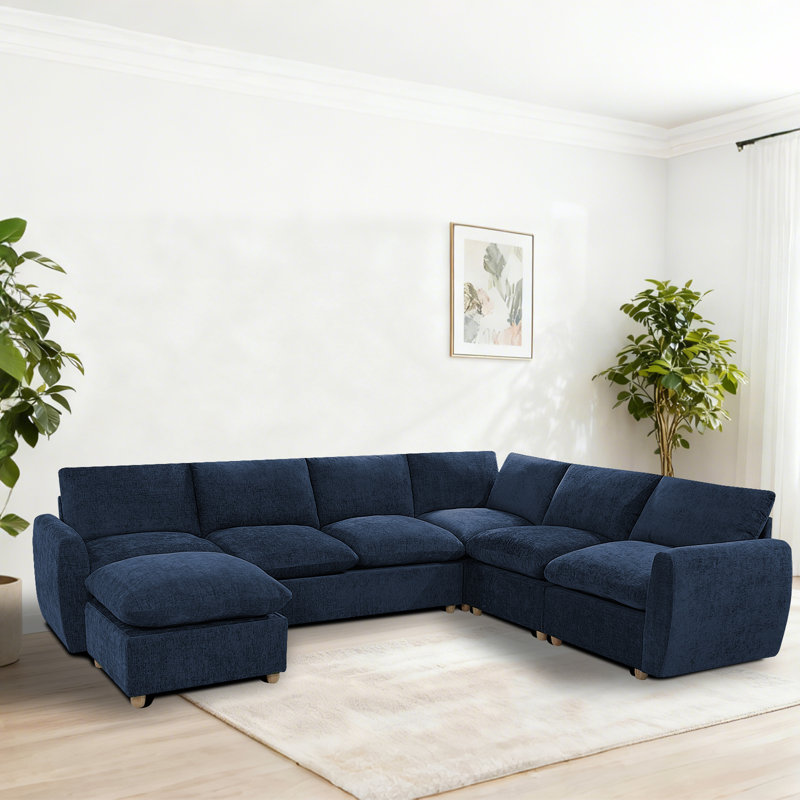 129.13 inch Modular L-Shaped Chenille Sectional Sofa with Pull-Qut Bed, Navy Chenille