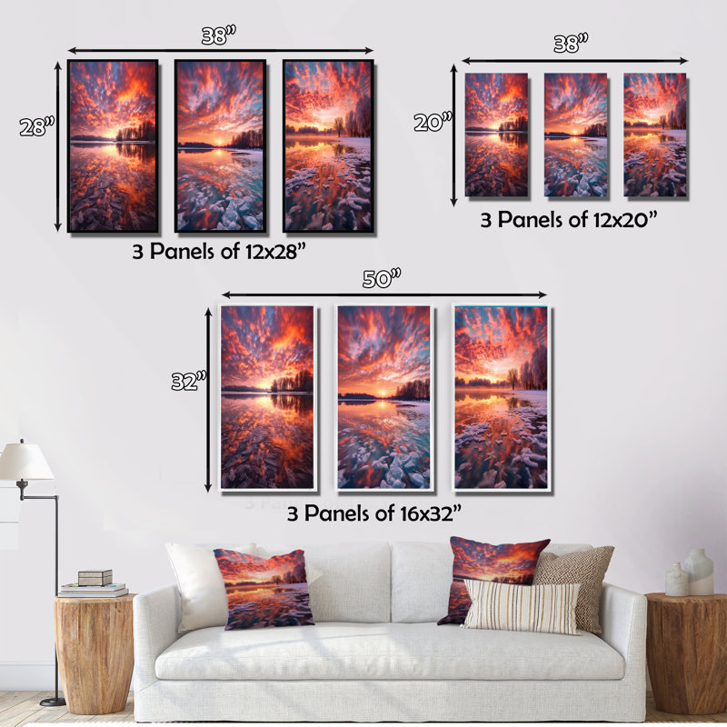 «Majestic Sunshine Over Snowy Winter Lake», 3 pièces, H 48 po x l 32 po, Cadre naturel flottant