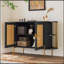 Élégante armoire de salle à manger courbée avec bordure dorée et portes en rotin tissé-1238785983